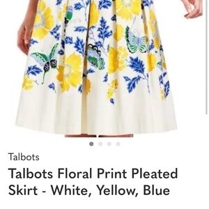 Talbots White Pleated A-Line Skirt with Yellow Floral & Blue Leaf Print